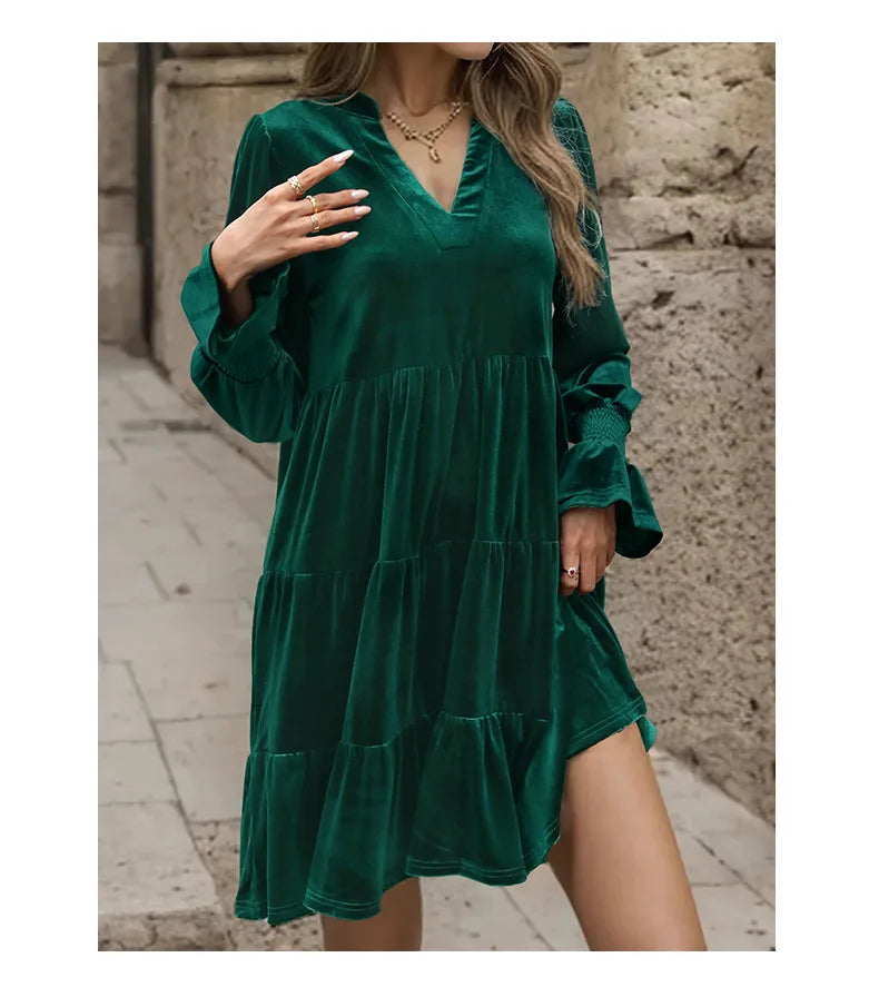 Velvet Dresses- Women Elegant Velvet Dress Long Sleeve Solid Loose High Waist V-Neck Midi Dresses Evening Party Chic Lady Robe Christmas Clothes