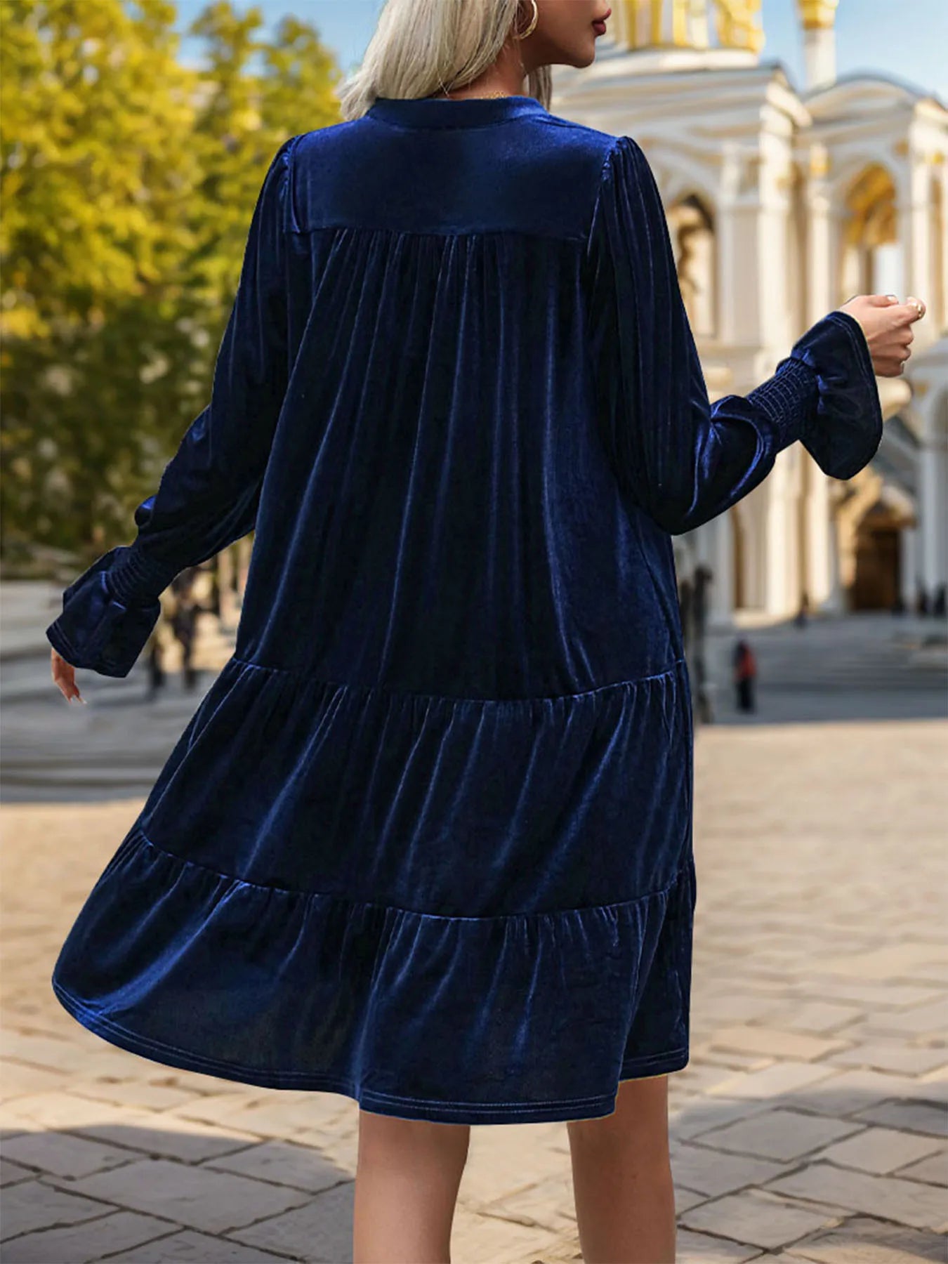 Velvet Dresses- Women Elegant Velvet Dress Long Sleeve Solid Loose High Waist V-Neck Midi Dresses Evening Party Chic Lady Robe Christmas Clothes