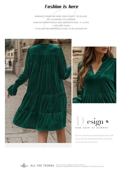 Velvet Dresses- Women Elegant Velvet Dress Long Sleeve Solid Loose High Waist V-Neck Midi Dresses Evening Party Chic Lady Robe Christmas Clothes