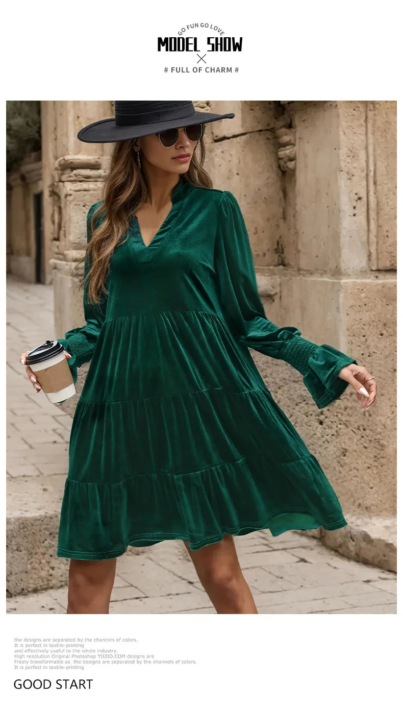 Velvet Dresses- Women Elegant Velvet Dress Long Sleeve Solid Loose High Waist V-Neck Midi Dresses Evening Party Chic Lady Robe Christmas Clothes