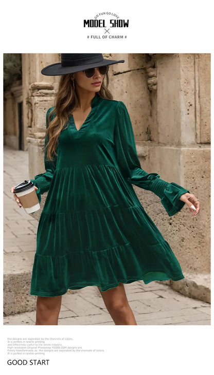 Velvet Dresses- Women Elegant Velvet Dress Long Sleeve Solid Loose High Waist V-Neck Midi Dresses Evening Party Chic Lady Robe Christmas Clothes