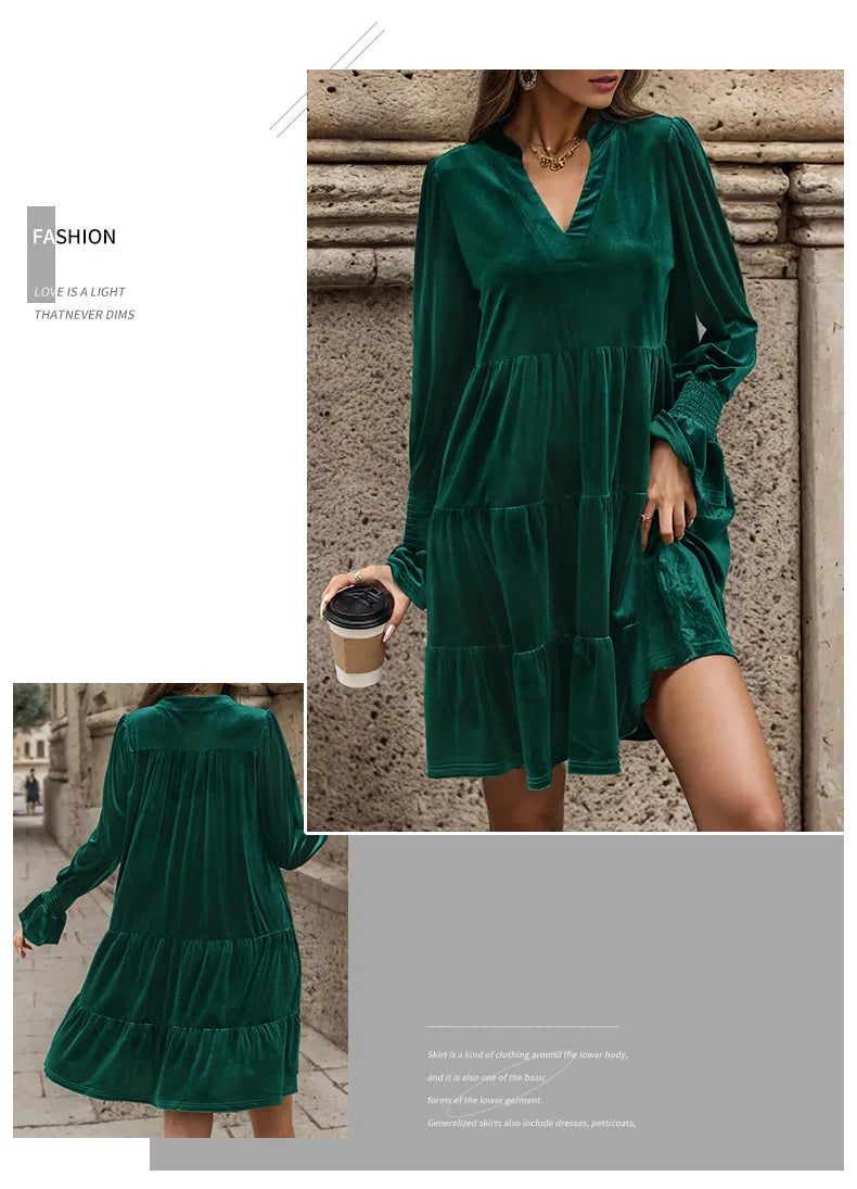 Velvet Dresses- Women Elegant Velvet Dress Long Sleeve Solid Loose High Waist V-Neck Midi Dresses Evening Party Chic Lady Robe Christmas Clothes