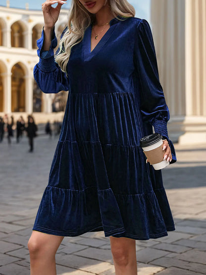 Velvet Dresses- Women Elegant Velvet Dress Long Sleeve Solid Loose High Waist V-Neck Midi Dresses Evening Party Chic Lady Robe Christmas Clothes