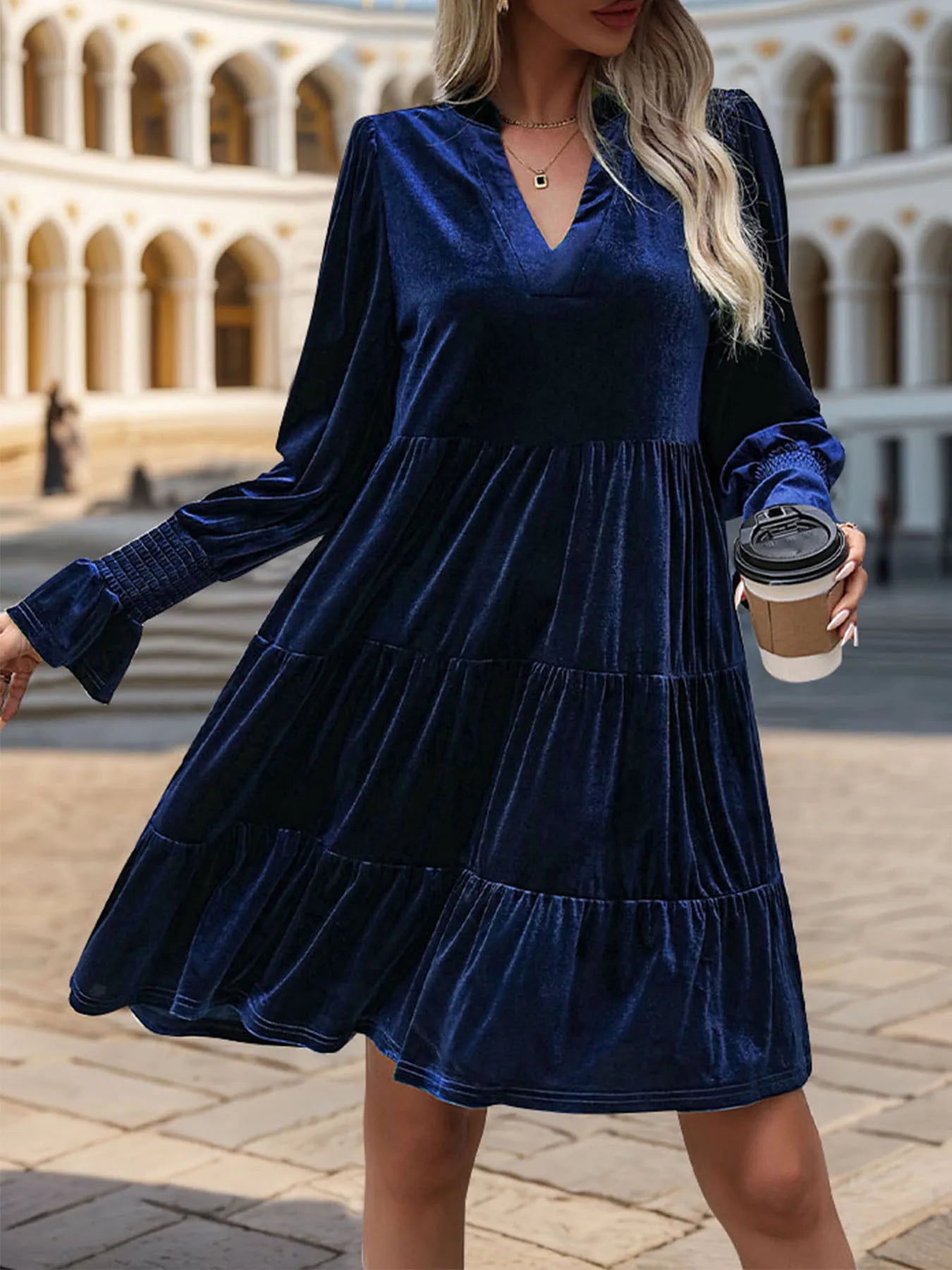 Velvet Dresses- Women Elegant Velvet Dress Long Sleeve Solid Loose High Waist V-Neck Midi Dresses Evening Party Chic Lady Robe Christmas Clothes