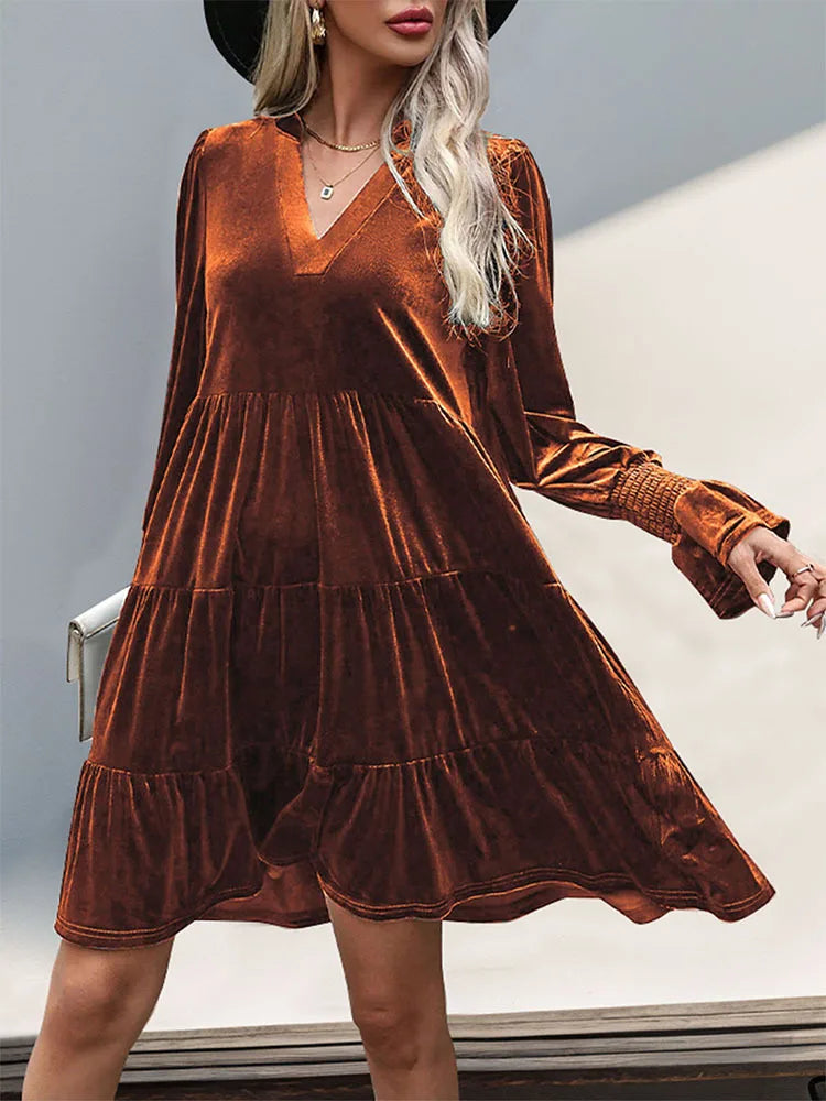 Velvet Dresses- Women Elegant Velvet Dress Long Sleeve Solid Loose High Waist V-Neck Midi Dresses Evening Party Chic Lady Robe Christmas Clothes