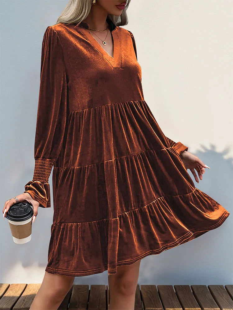 Velvet Dresses- Women Elegant Velvet Dress Long Sleeve Solid Loose High Waist V-Neck Midi Dresses Evening Party Chic Lady Robe Christmas Clothes