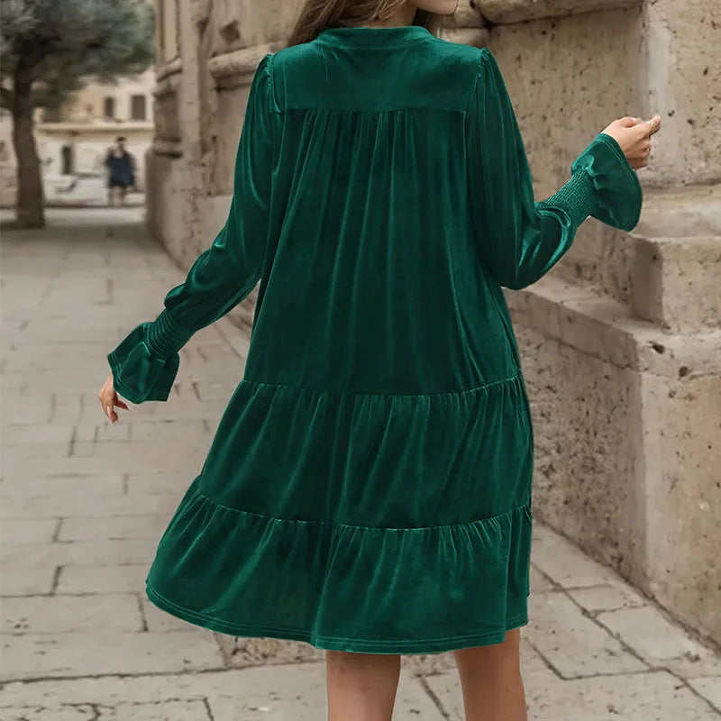 Velvet Dresses- Women Elegant Velvet Dress Long Sleeve Solid Loose High Waist V-Neck Midi Dresses Evening Party Chic Lady Robe Christmas Clothes