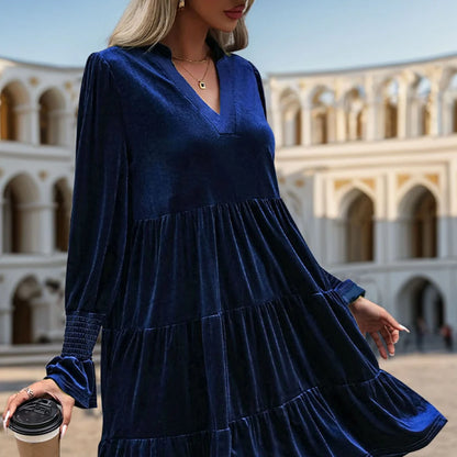 Velvet Dresses- Women Elegant Velvet Dress Long Sleeve Solid Loose High Waist V-Neck Midi Dresses Evening Party Chic Lady Robe Christmas Clothes