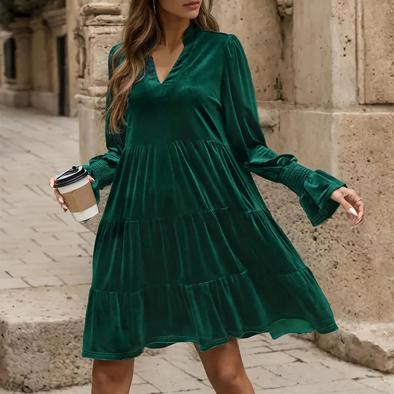 Velvet Dresses- Women Elegant Velvet Dress Long Sleeve Solid Loose High Waist V-Neck Midi Dresses Evening Party Chic Lady Robe Christmas Clothes