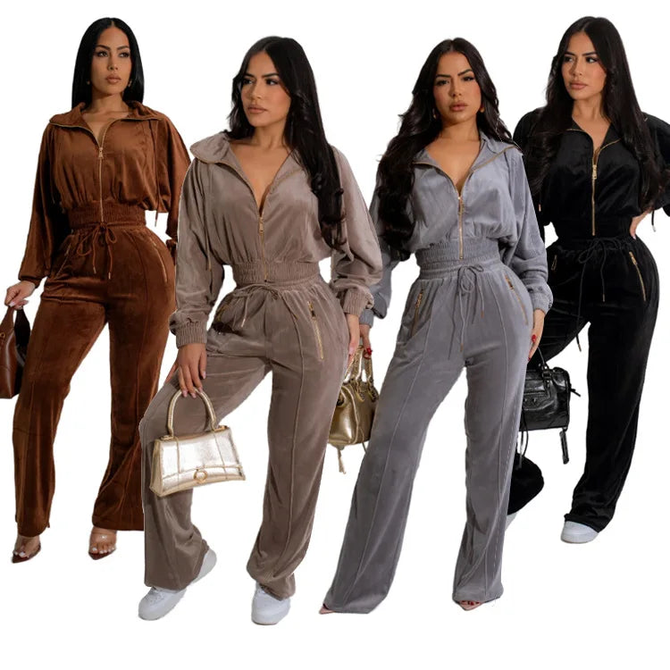 Velvet Outfits - Velvet Couture 2PC Lounge Set Elegant Velour Tracksuit