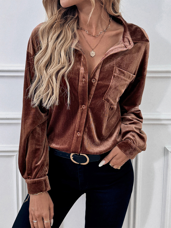 Velvet Shirts- Women Velvet Couture Button-Up Shirt with Long Sleeves- - Pekosa Women Fashion