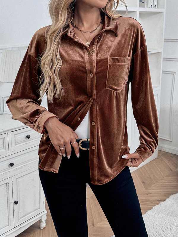 Velvet Shirts- Women Velvet Couture Button-Up Shirt with Long Sleeves- - Pekosa Women Fashion