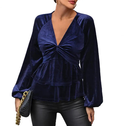 Velvet Tops- Festive Velvet Elegance Women's Layered Peplum Blouse- - Pekosa Women Fashion