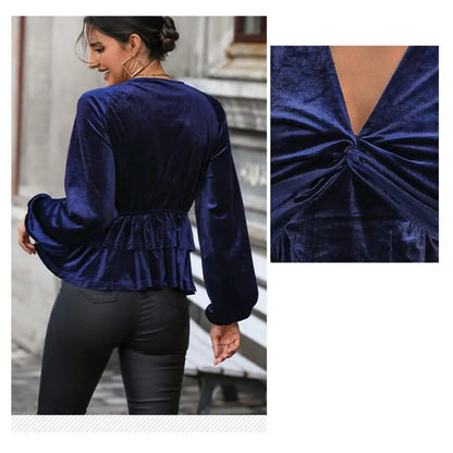 Velvet Tops- Festive Velvet Elegance Women's Layered Peplum Blouse- - Pekosa Women Fashion