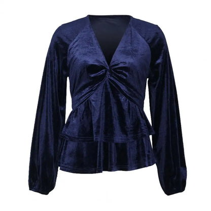 Velvet Tops- Festive Velvet Elegance Women's Layered Peplum Blouse- - Pekosa Women Fashion