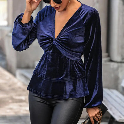 Velvet Tops- Festive Velvet Elegance Women's Layered Peplum Blouse- - Pekosa Women Fashion