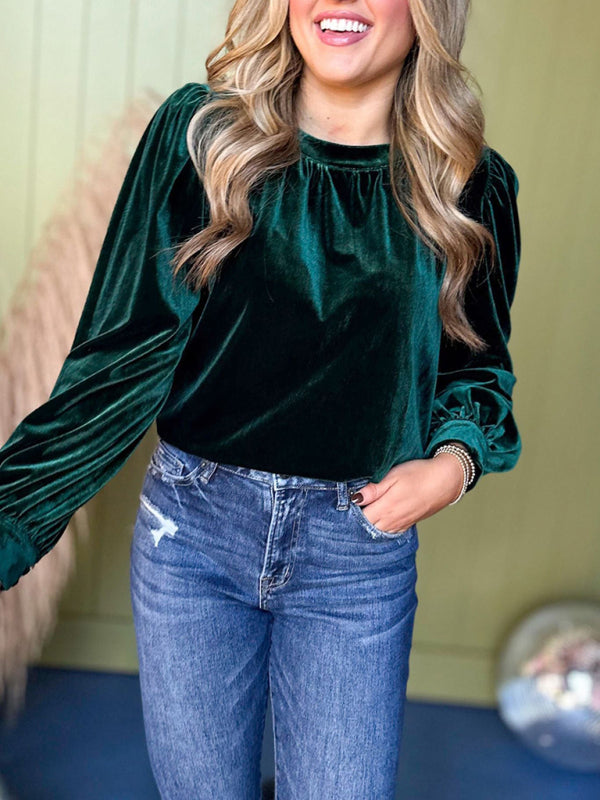 Velvet Tops - Holiday Velvet Blouse Velour Top with Bishop Sleeves