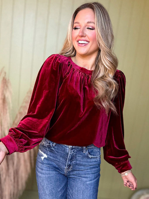 Velvet Tops - Holiday Velvet Blouse Velour Top with Bishop Sleeves