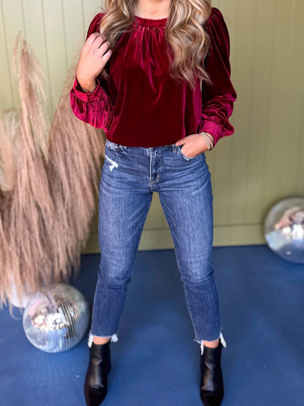 Velvet Tops - Holiday Velvet Blouse Velour Top with Bishop Sleeves