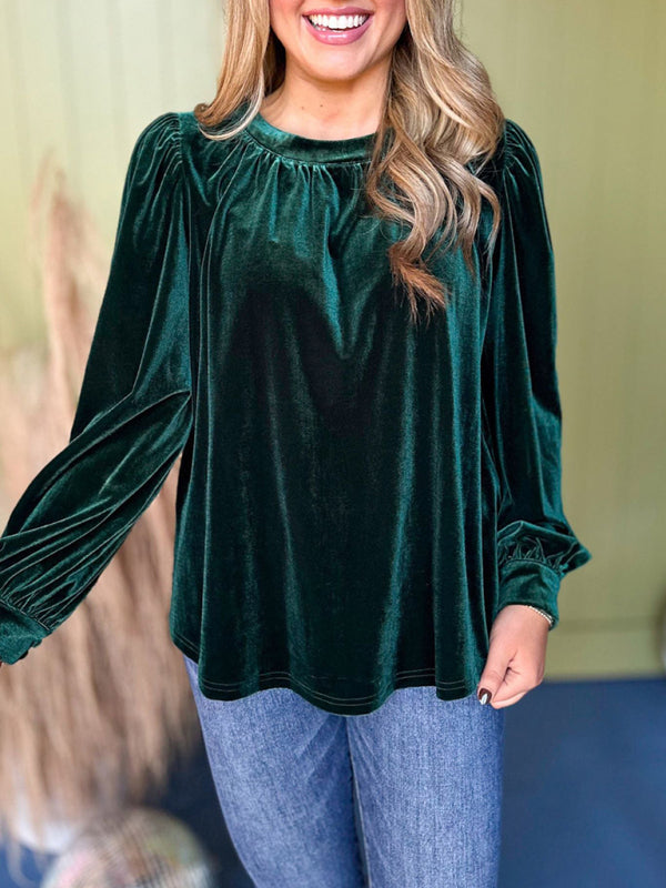 Velvet Tops - Holiday Velvet Blouse Velour Top with Bishop Sleeves