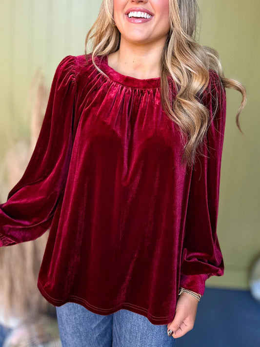 Velvet Tops - Holiday Velvet Blouse Velour Top with Bishop Sleeves