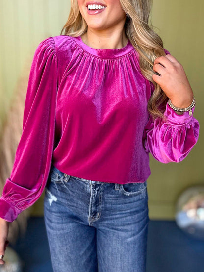 Velvet Tops - Holiday Velvet Blouse Velour Top with Bishop Sleeves