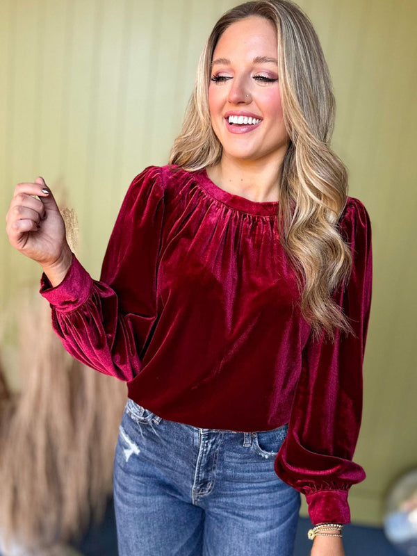 Velvet Tops - Holiday Velvet Blouse Velour Top with Bishop Sleeves