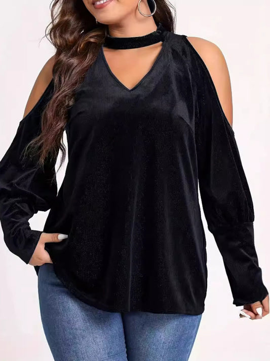 Velvet Tops - Velvet Cold Shoulder Top Glitter Velour Blouse