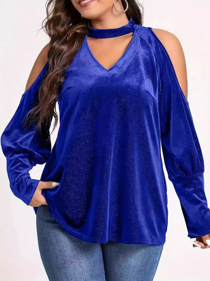 Velvet Tops - Velvet Cold Shoulder Top Glitter Velour Blouse