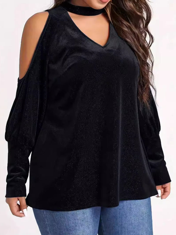 Velvet Tops - Velvet Cold Shoulder Top Glitter Velour Blouse