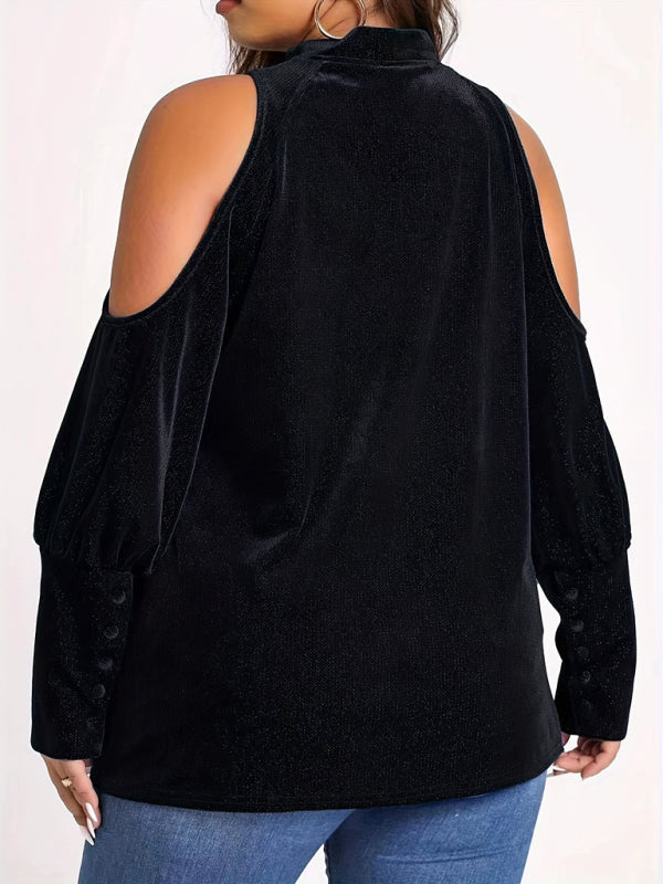 Velvet Tops - Velvet Cold Shoulder Top Glitter Velour Blouse