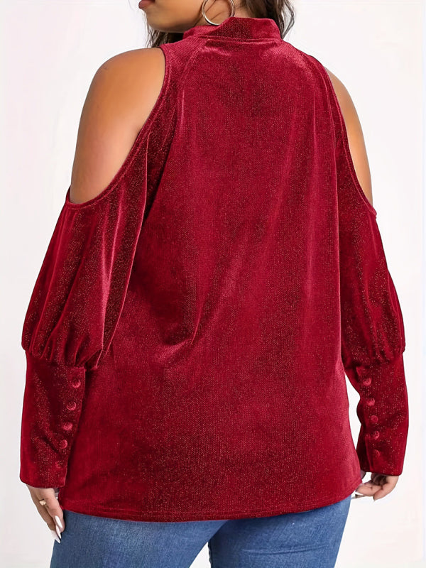 Velvet Tops - Velvet Cold Shoulder Top Glitter Velour Blouse