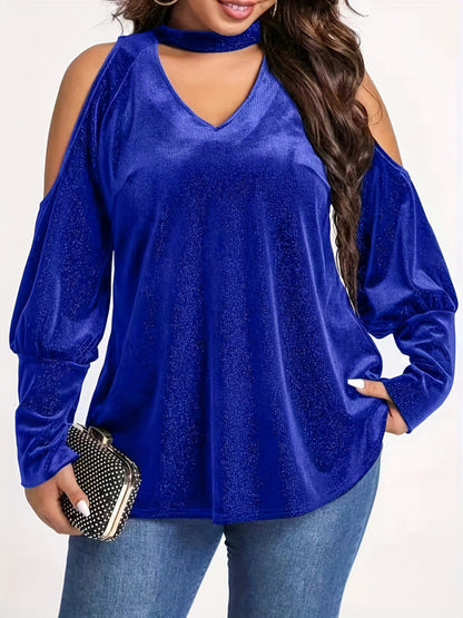 Velvet Tops - Velvet Cold Shoulder Top Glitter Velour Blouse