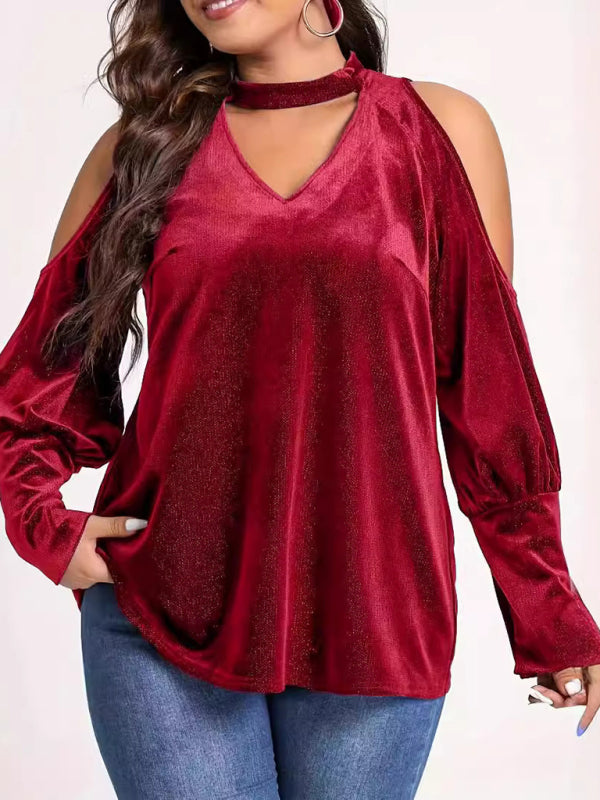 Velvet Tops - Velvet Cold Shoulder Top Glitter Velour Blouse