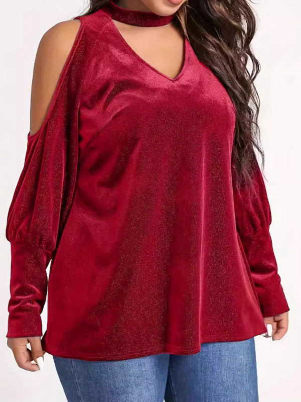 Velvet Tops - Velvet Cold Shoulder Top Glitter Velour Blouse