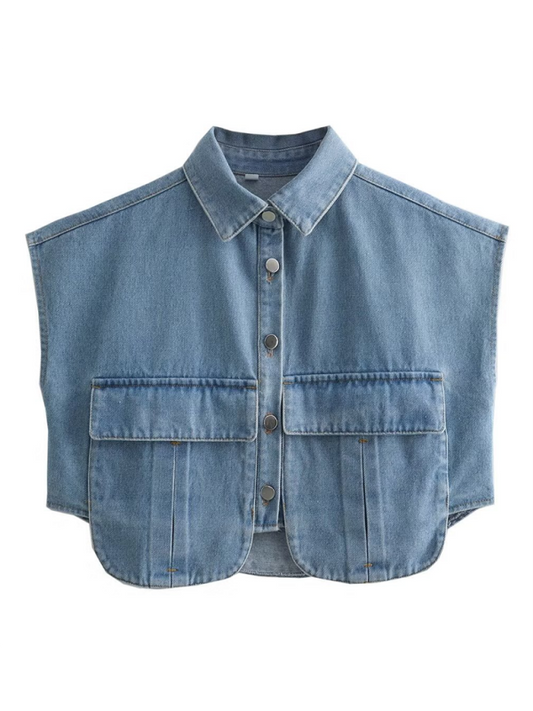 Vest- Denim Flap Crop Vest- Clear blue- Pekosa Women Fashion