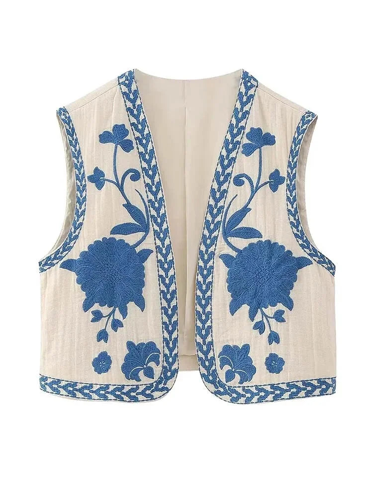 Vests- Artisanal Embroidered Cropped Waistcoat - Women Vintage Vest- Blue- Pekosa Women Fashion