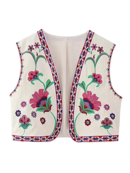 Vests- Artisanal Embroidered Cropped Waistcoat - Women Vintage Vest- Red Pink- Pekosa Women Fashion