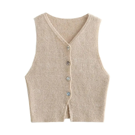 Vests- Button-Up Knit Vest Top for Women- Khaki- Pekosa Women Fashion