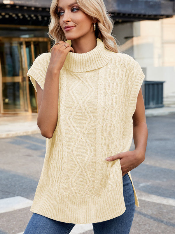 Vests - Cable Knit Turtleneck Vest Sweater Jumper with Side Slits