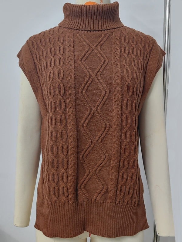 Vests - Cable Knit Turtleneck Vest Sweater Jumper with Side Slits