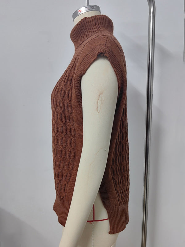 Vests - Cable Knit Turtleneck Vest Sweater Jumper with Side Slits