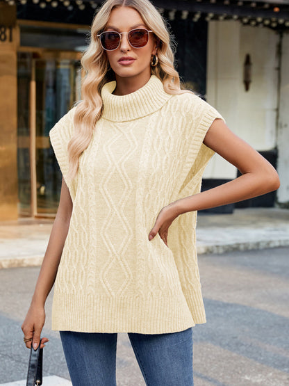 Vests - Cable Knit Turtleneck Vest Sweater Jumper with Side Slits