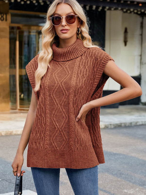 Vests - Cable Knit Turtleneck Vest Sweater Jumper with Side Slits