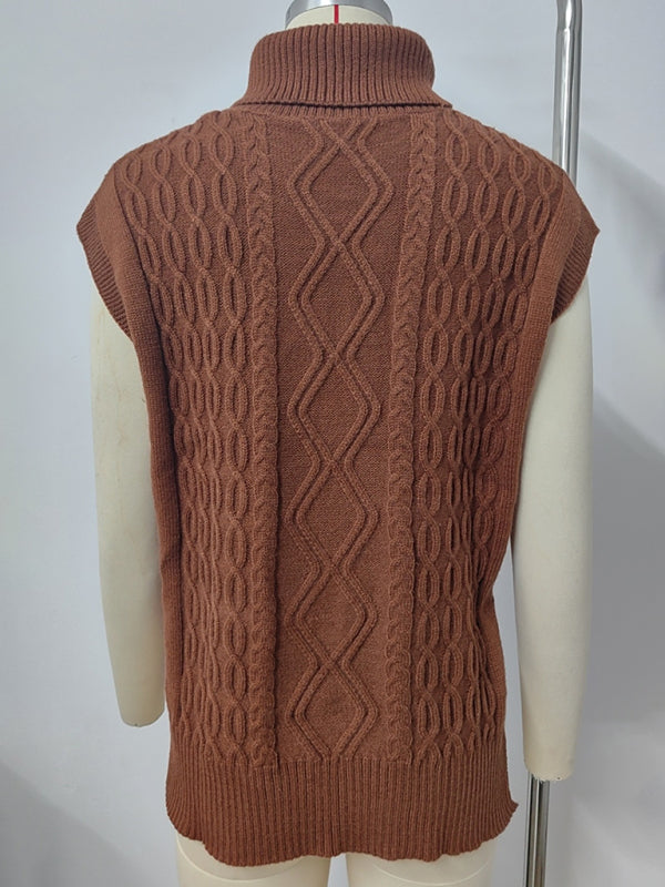 Vests - Cable Knit Turtleneck Vest Sweater Jumper with Side Slits