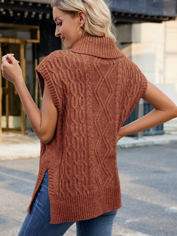 Vests - Cable Knit Turtleneck Vest Sweater Jumper with Side Slits