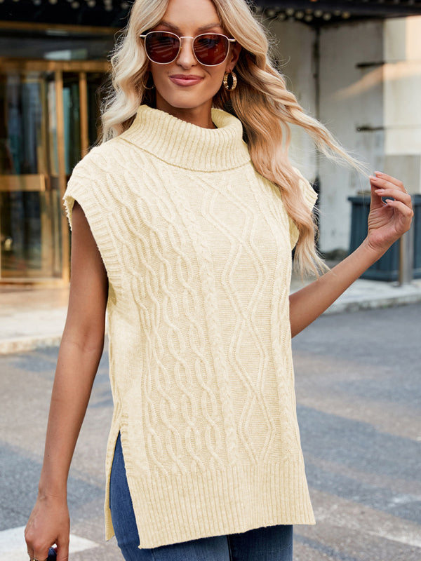 Vests - Cable Knit Turtleneck Vest Sweater Jumper with Side Slits