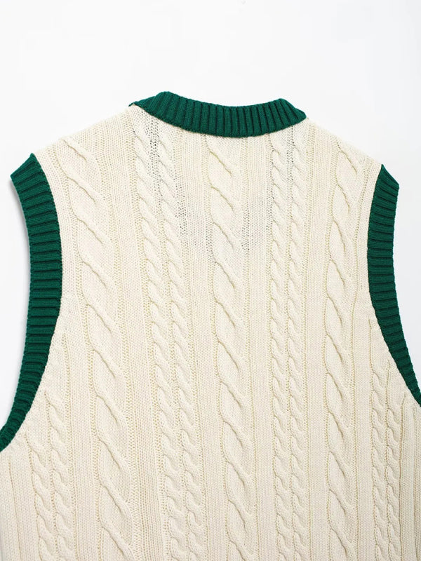 Vests - Contrast Trim Cable Knit Vest