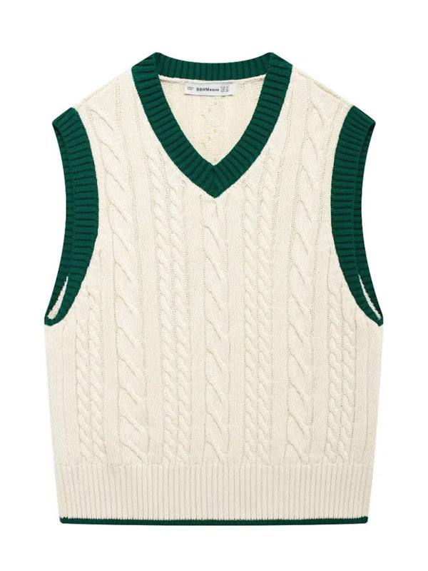 Vests - Contrast Trim Cable Knit Vest