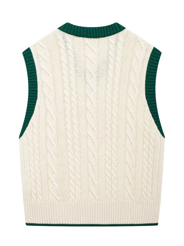 Vests - Contrast Trim Cable Knit Vest